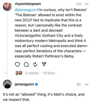 James Gunn reveals on Threads that Matt Reeves is the one behind The Batman not being part of the new DCU