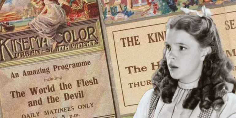 A perturbed black-and-white Judy Garland as Dorothy from the Wizard of Oz, against a backdrop for the 1914 color movie The World the Flesh and the Devil