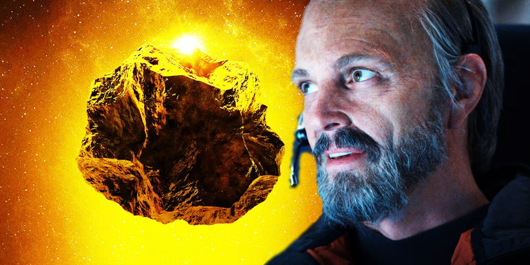 A golden asteroid and an astronaut
