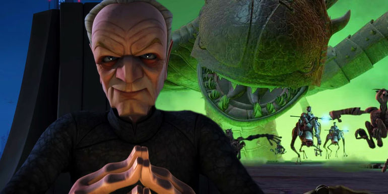 Emperor Palpatine with his hands together and the Zillo Beast attacking Malastare from Star Wars: The Clone Wars