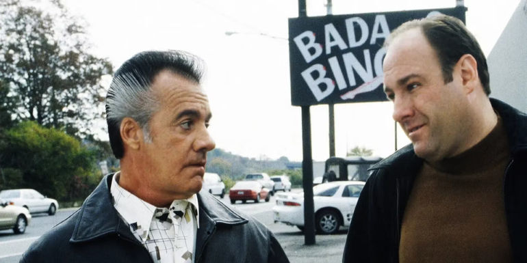 Paulie (Tony Sirico) and Tony (James Gandolfini) talking outside the Bada Bing! in The Sopranos.