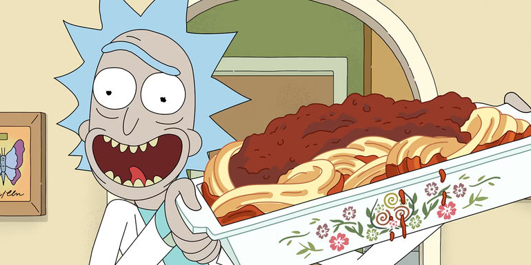 Rick holding a tray of spaghetti in Rick and Morty season 7