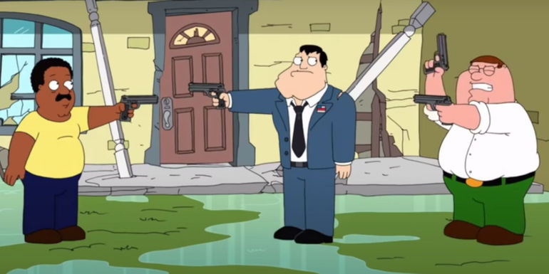 Peter, Cleveland, and Stan point guns at one another in American Dad