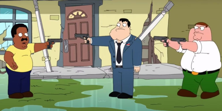 Peter, Cleveland, and Stan point guns at one another in American Dad