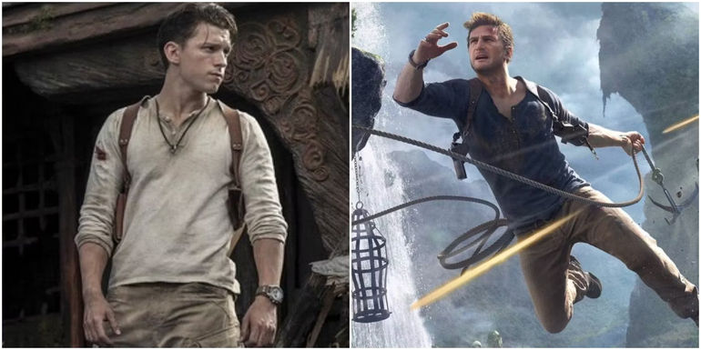 Tom Holland as Nathan Drake and Nathan Drake from the Uncharted games in a splitscreen.