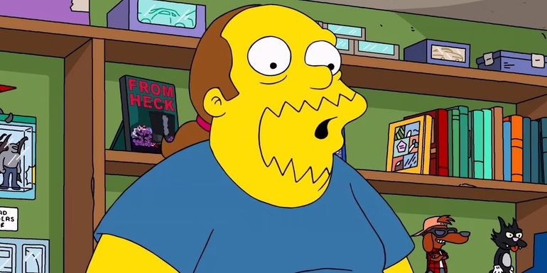 Comic Book Guy looking shocked in his store in The Simpsons
