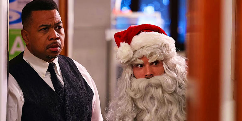 Moe is dressed as a waiter, and Carter is dressed as Santa in Holiday in the Vineyards.