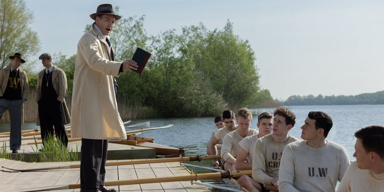 joel edgerton instructs the crew team in the boys in the boat