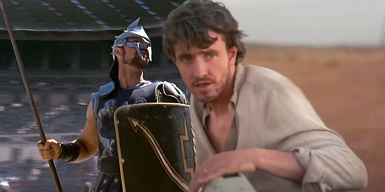 Custom image of Russell Crowe holding a spear in Gladiator juxtaposed with Paul Mescal looking concerned in Foe.