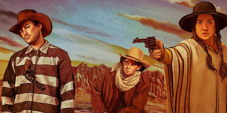 Kiowa Gordon, John Way, and Lily Gladstone as Frank, Bruno, and Linde in Quantum Cowboys