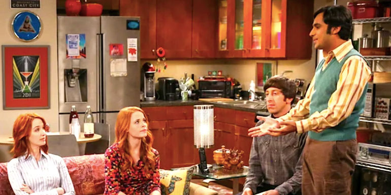 Raj lectures his unimpressed exes while Howard looks on in The Big Bang Theory season 10