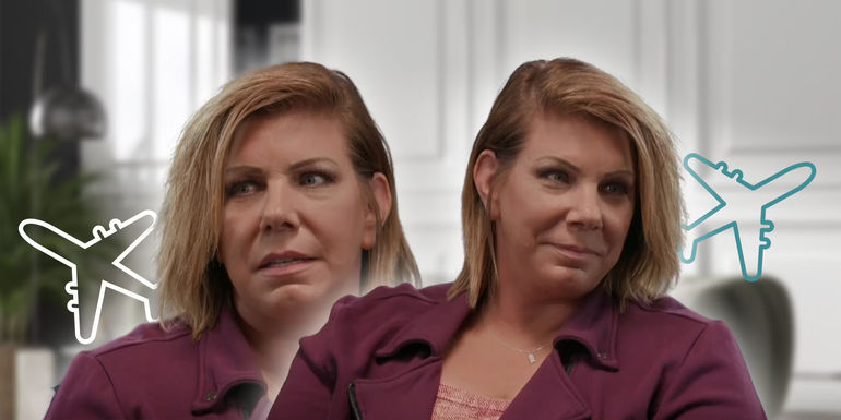 Two photos of Sister Wives' Meri Brown with plane illustrations