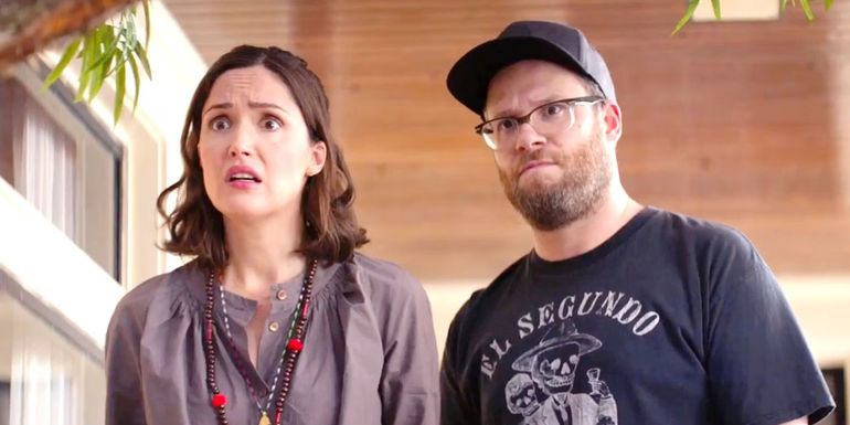 Two characters in Neighbors 2 are looking at something, shocked.