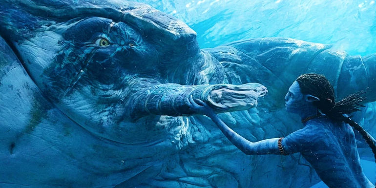 Avatar The Way of Water Tulkun Payakan swimming with Lo'ak