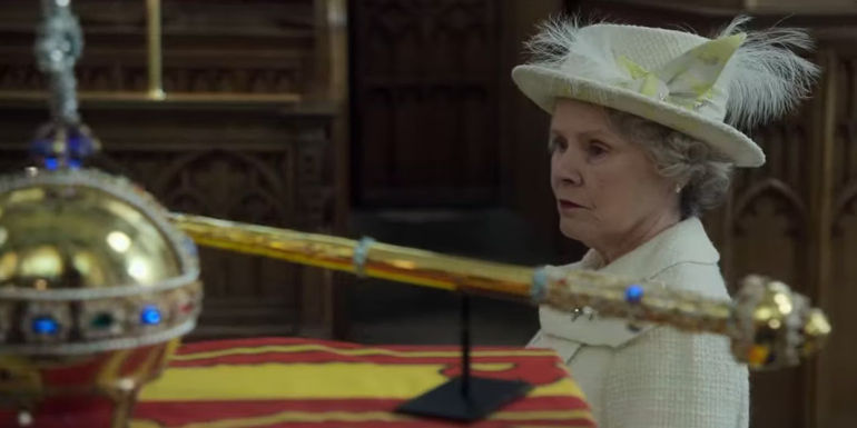 Imelda Staunton as Queen Elizabeth passes by her coffin in The Crown finale
