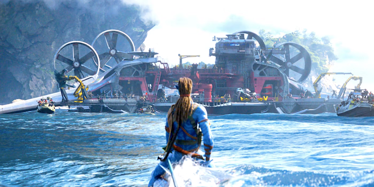 Jake surveys the tulkun hunt wreckage in Avatar 2