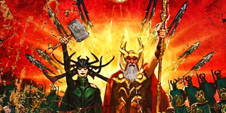 Hela and Odin in Asgardian art
