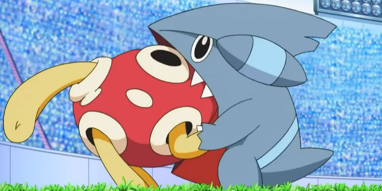 Pokemon: Gible catches Shuckle in its mouth, stopping its attack cold.