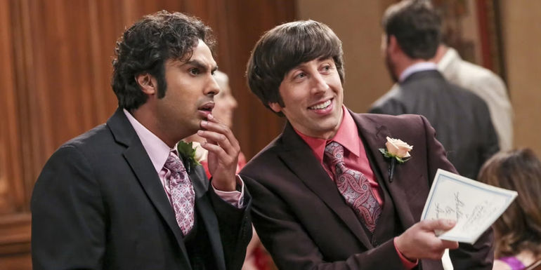 Simon Helberg and Kunal Nayyar as Howard and Raj at Sheldon's wedding in The Big Bang Theory