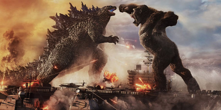 Godzilla fights Kong on a battleship in Godzilla vs Kong