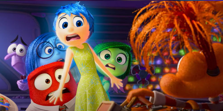 Joy, Anger, Disgust, Sadness, and Fear are shocked at the introduction of Anxiety in Inside Out 2.