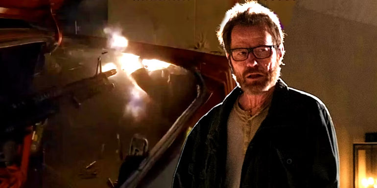Bryan Cranston as Walter White in Breaking Bad and an image of his machine gun from the series finale