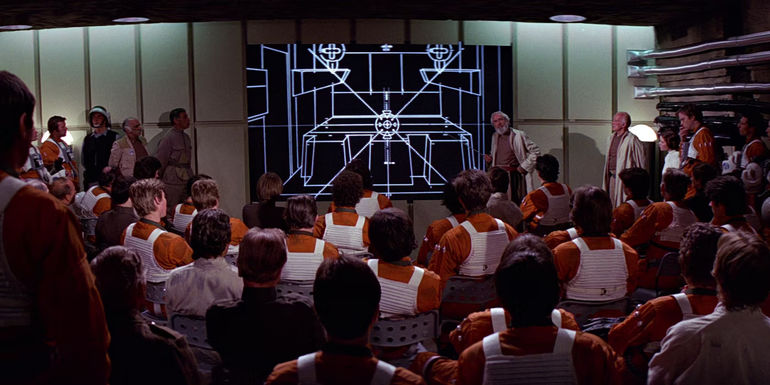 Star Wars A New Hope: Rebel Alliance Pilots get debriefed by general Dodonna in Death Star Meeting