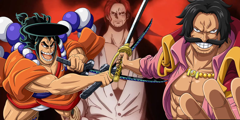 Strongest non-devil fruit users featuring Shanks standing against an orange and red background.