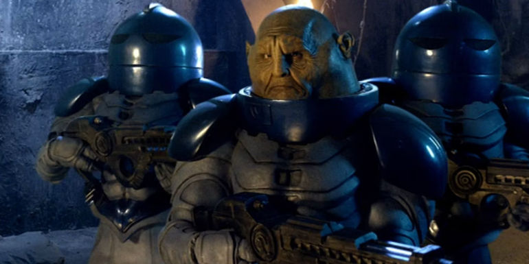 The Sontarans holding their weapons in Doctor Who