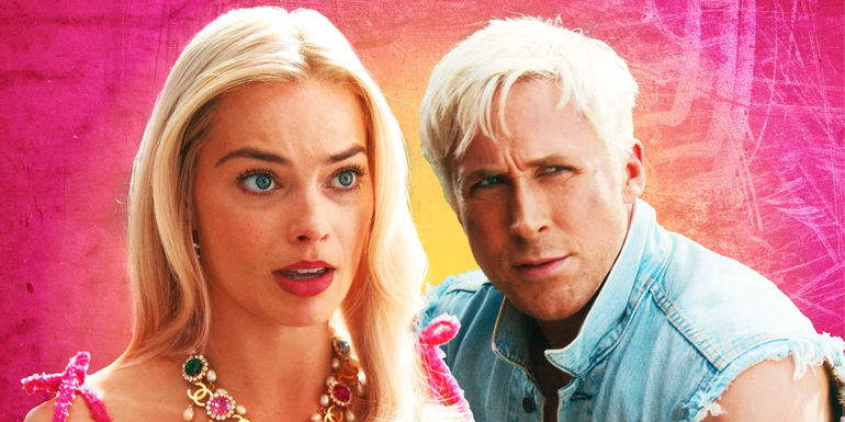 This collage shows Stereotypical Barbie and Steroetypical Ken looking off to the side skeptically in front of a pink and yellow distressed background.