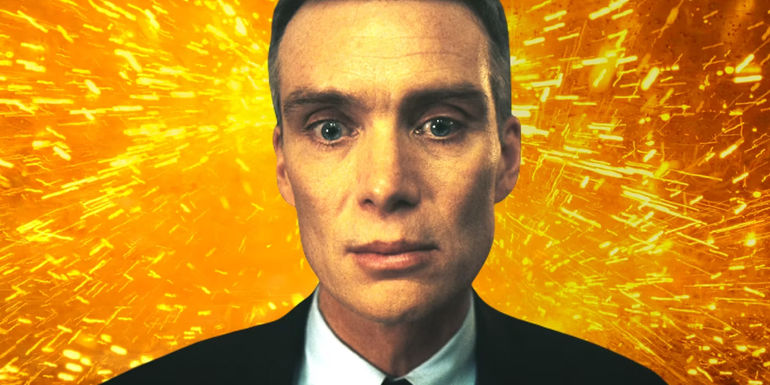Custom image of Cillian Murphy as Oppenheimer with an explosion in the background.