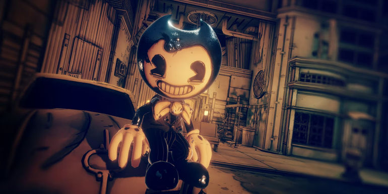 Screenshot from the new Bendy and the Dark Revival trailer, featuring its eponymous character in a sepia tone.