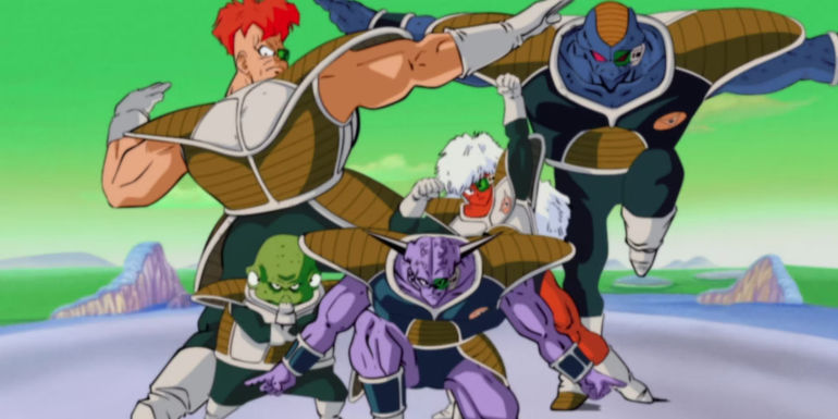Dragon Ball Ginyu Force in their signature poses standing against a green intergalactic background in the Dragon Ball anime.