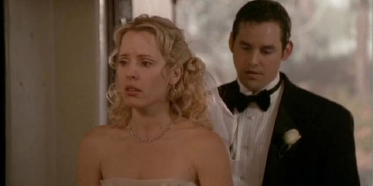 Emma Caulfield and Nicholas Brendan as Anya and Xander at their wedding in Buffy the Vampire Slayer