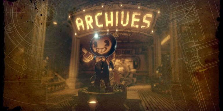 Bendy Archives Key Art showing Bendy beneath a sign for the Archives.