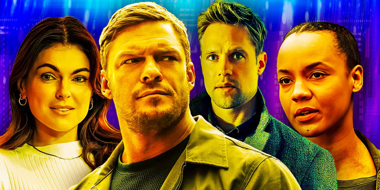 Serinda Swan as Karal Dixon, Alan Ritchson as Jack Reacher, Shaun Sipos as David O'Donnell, and Maria Sten as Francis Neagley in Reacher season 2