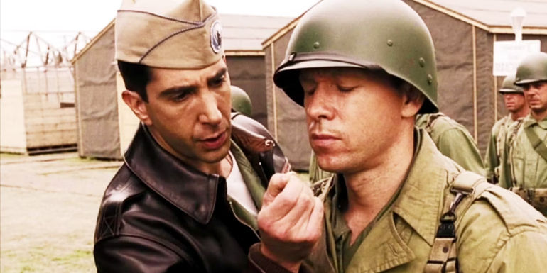 Sobel (David Schwimmer) analyzing Lipton (Donnie Wahlberg)'s uniform at boot camp in Band of Brothers.
