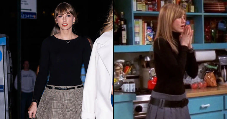 Taylor Swift's Stylish Outfit Channels Rachel Green Vibes with Plaid Skirt and Boots
