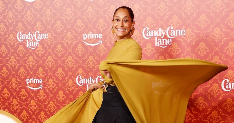 Tracee Ellis Ross Dazzles in Exquisite Cape at Candy Cane Lane Premiere in Los Angeles