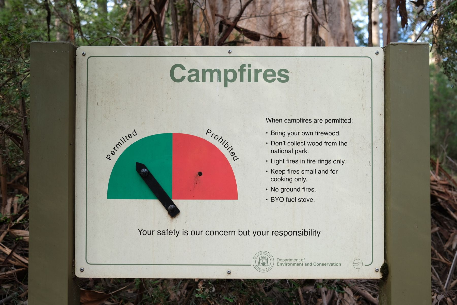 A sign that says whether campfires are permitted or not, indicated by a needle pointing to either half