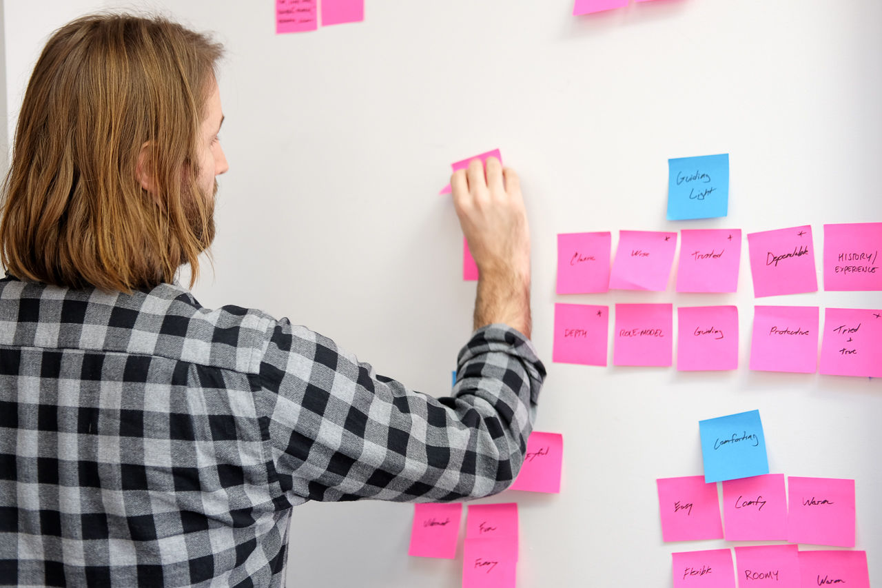 Person putting sticky notes on a wall