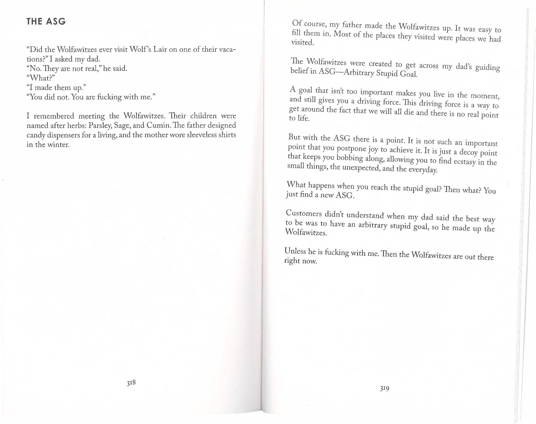 Two scanned pages from the Arbitrary Stupid Goal book about the Wolfawitzes