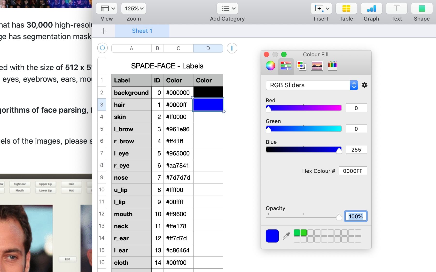 A screenshot of all the colours that SPADE-FACE requires for facial features