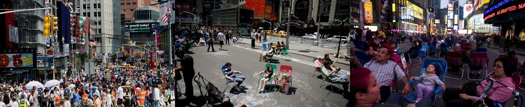 Three photos of crowds in Times Square, New York