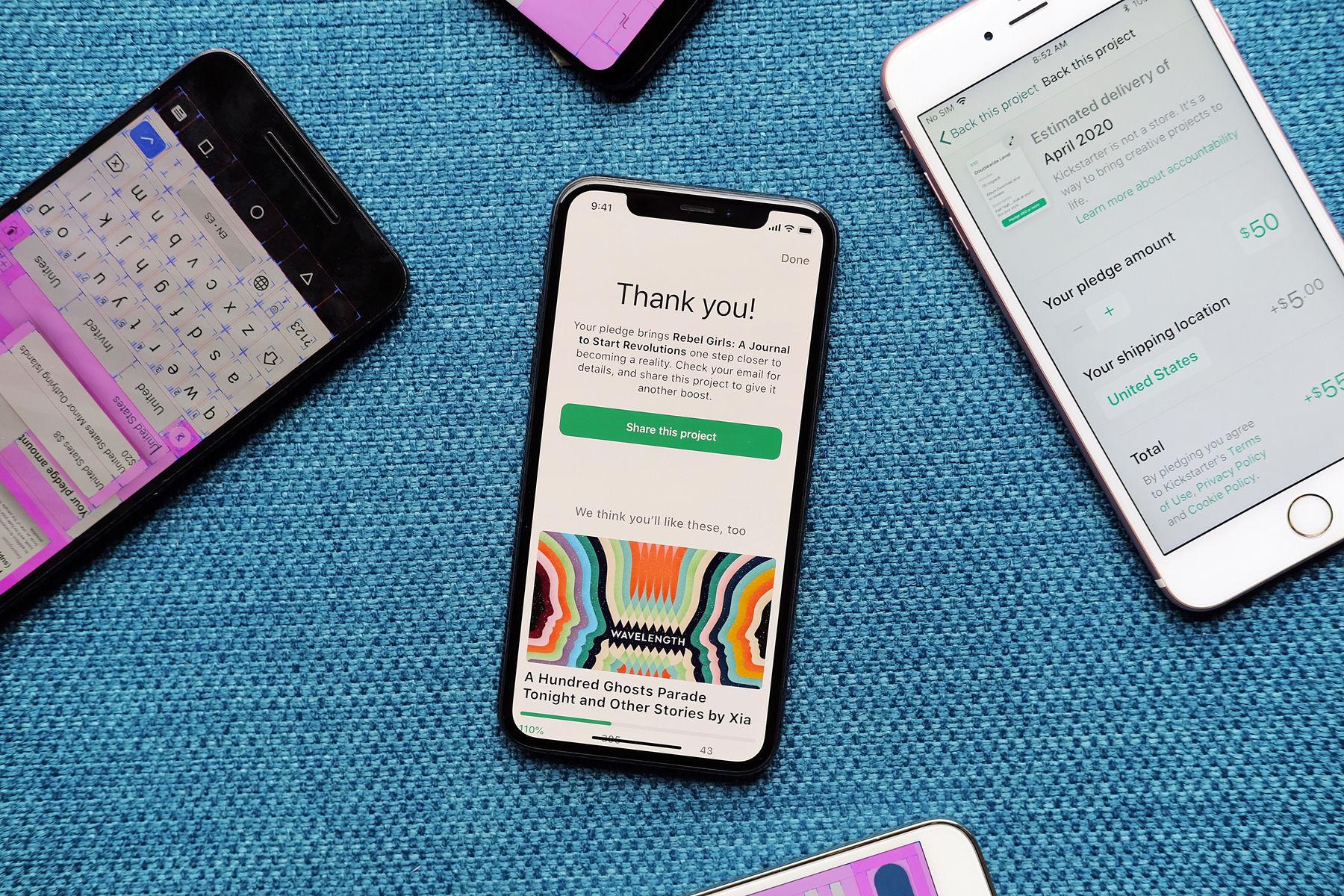 Photo of several phones with various parts of the Kickstarter checkout process displayed on their screens