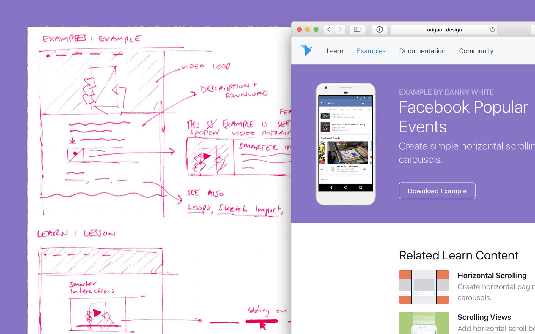 A hand-drawn sketch next to a resulting web page