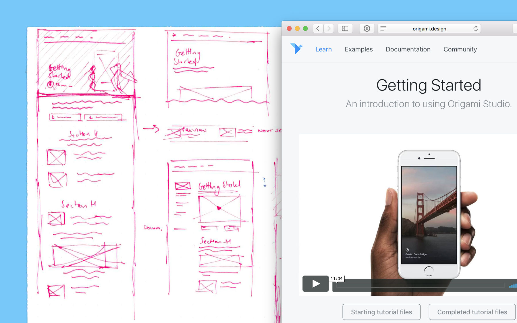 A hand-drawn sketch next to a resulting web page