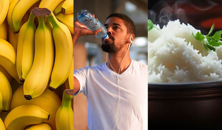 Uma foto com cachos de banana, um homem bebendo agua e uma tigela de arroz.