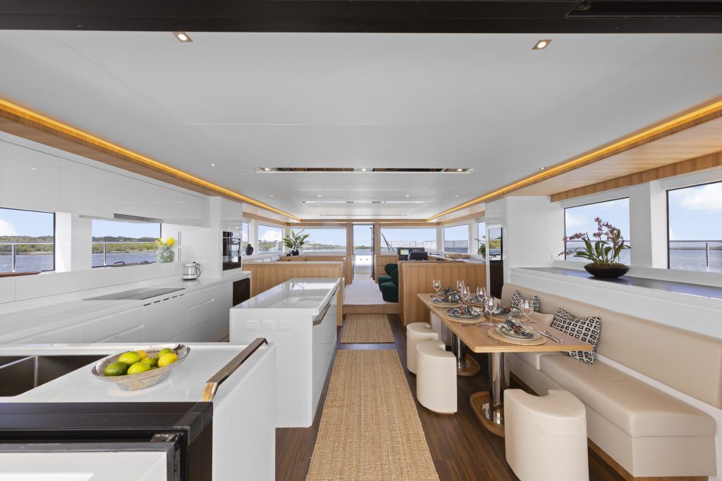 power catamaran interior salon galley