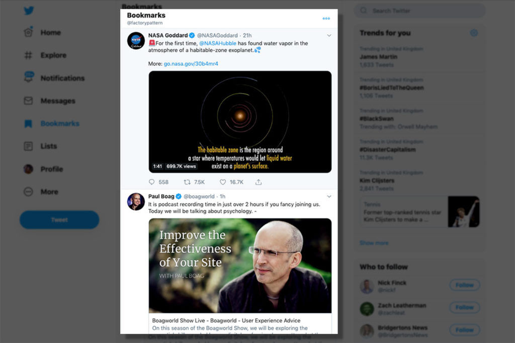Twitter Design features: Bookmark Twitters bookmark feature